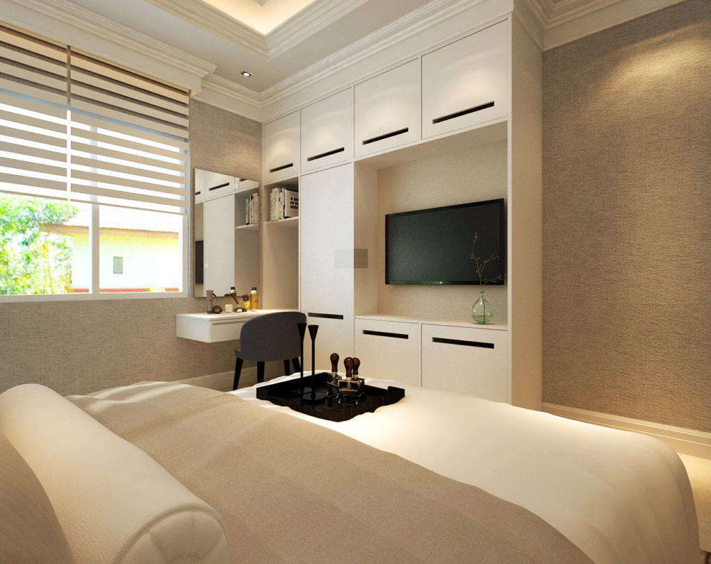 kd villa modern classic neutral bedroom study area interior design by latitude design malaysia