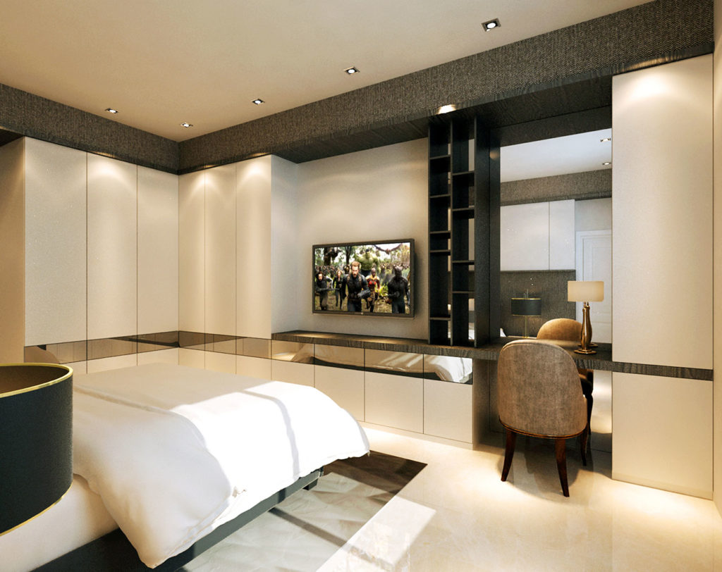 kd villa modern contemporary grey bedroom study area interior design by latitude design malaysia